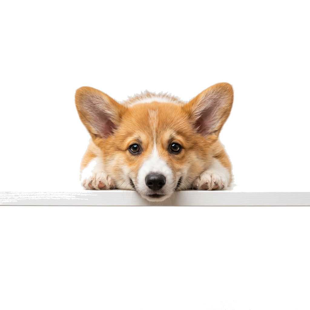 Cute corgi peeking over FAQ container