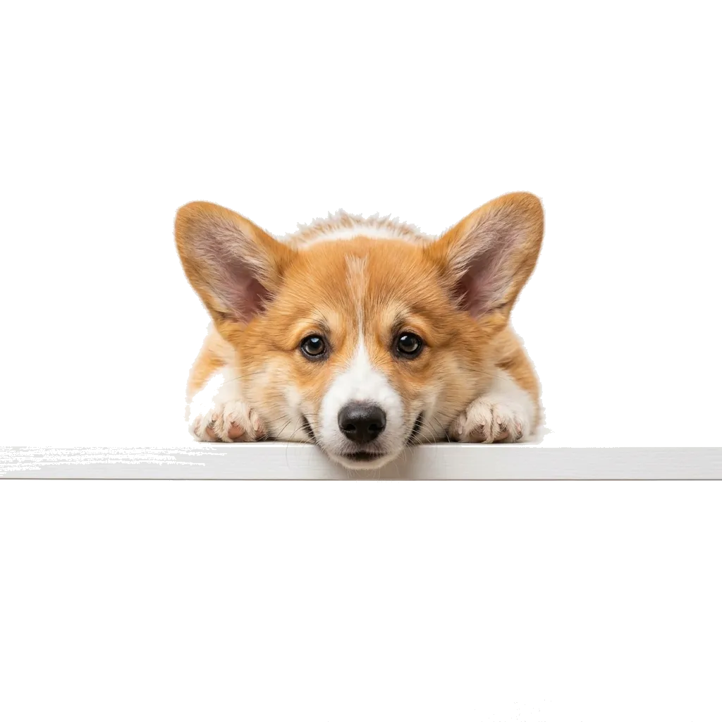 Cute corgi peeking over FAQ container